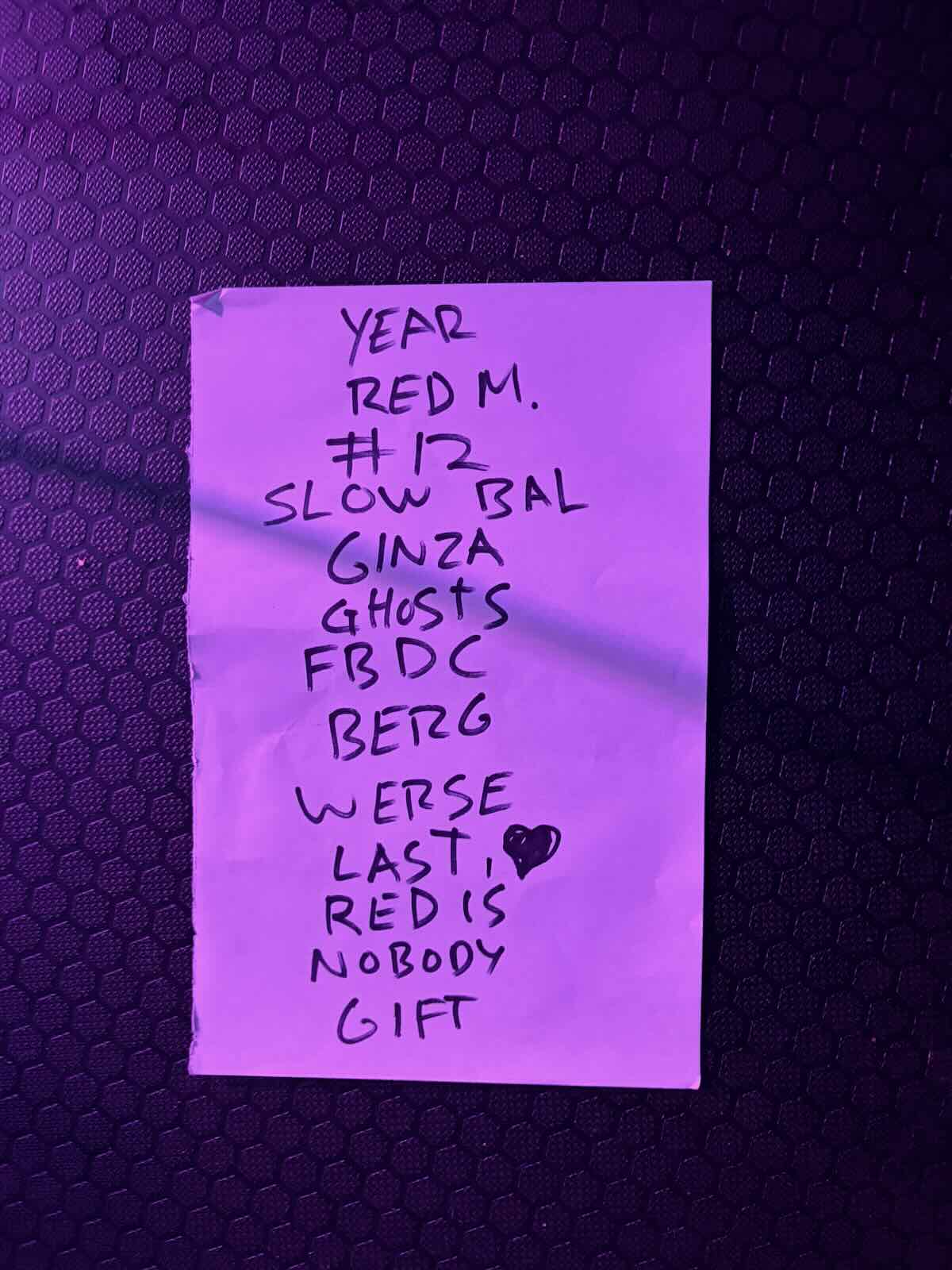 Handwritten Hunchback set list from the CoLAB Arts show