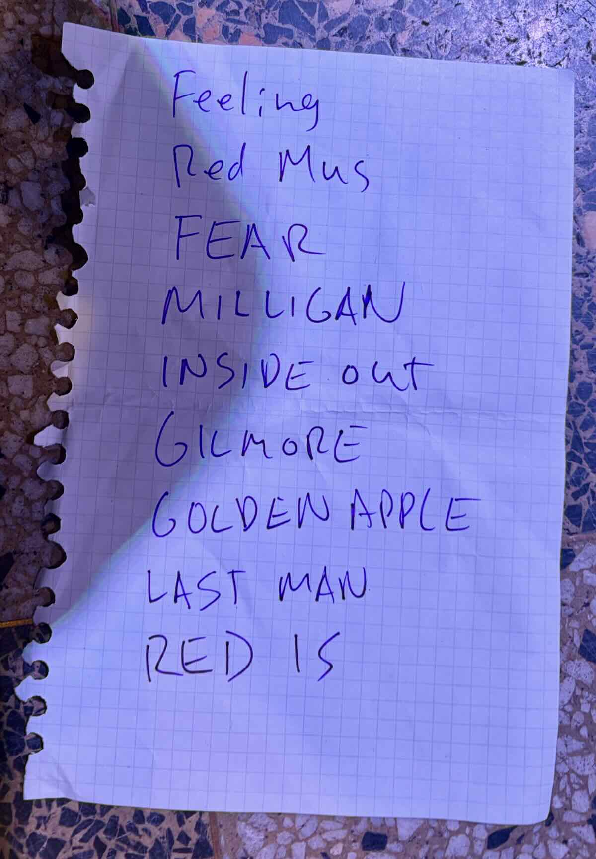 Handwritten Hunchback set list from the Wild Air show